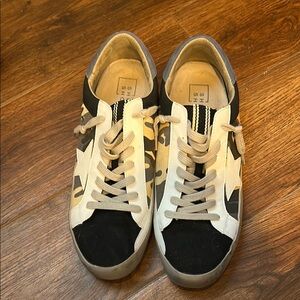 ShuShop Black and White Women's Sneakers with Camo and mauve velvet accents